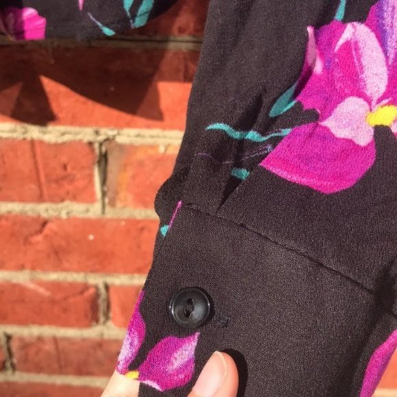 Black and Purple Floral Print Free Press Long Sleeve V-Neck Collared Blouse - Picture 8 of 15
